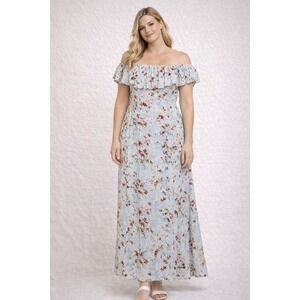 BCBGeneration Light Blue Floral Ruffle Off Shoulder Maxi Dress Small Slit Boho